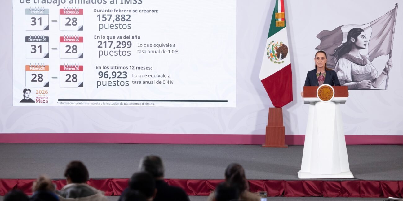 Presidenta Claudia Sheinbaum destaca registro de 22.5 millones de empleos afiliados al IMSS, la cifra más alta para un mes de febrero; se crearon 157 mil 882 nuevos puestos 020326 CSP CONFERENCIA MATUTINA 4
