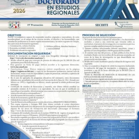 Abierta la convocatoria de ingreso Doctorado en Estudios Regionales que se imparte en la UNACH DOCTORADO