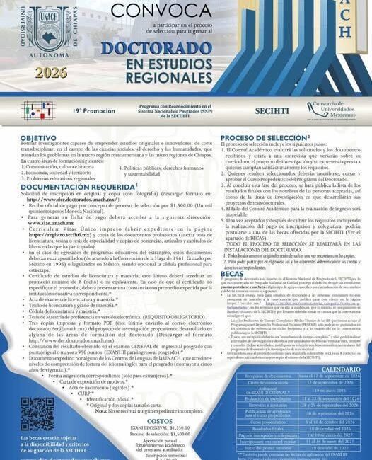 Abierta la convocatoria de ingreso Doctorado en Estudios Regionales que se imparte en la UNACH DOCTORADO