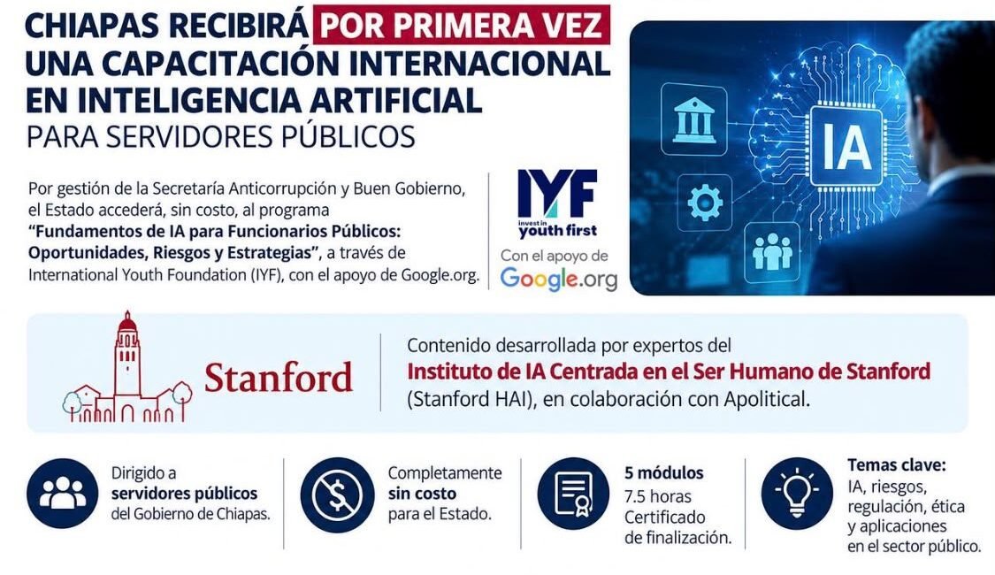 Chiapas recibirá por primera vez capacitación internacional en inteligencia artificial para servidores públicos